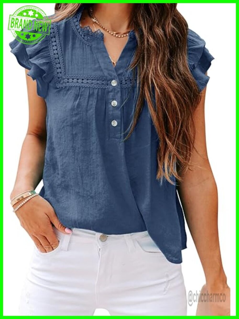 V Neck Lace Crochet Button Down Short Sleeve Casual Blouse Top